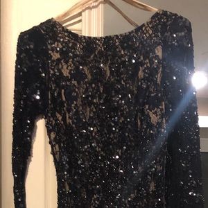 Aidan Mattox Navy Blue Lace Embellished Gown